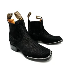 Men’s Genuine Leather Square Toe Embossed Python Snake Print  Ankle Cowboy Boot