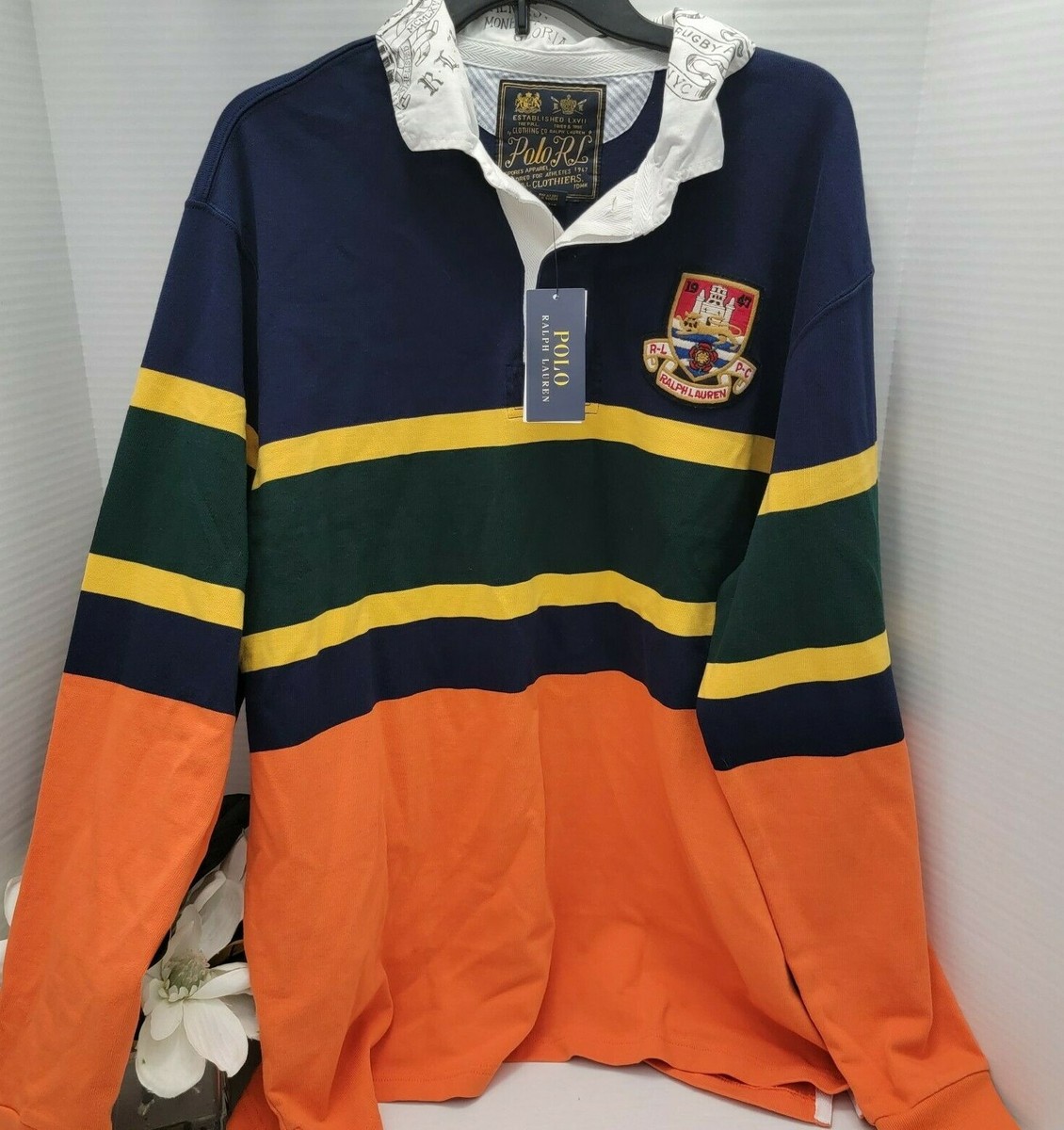 New Mens Rugby Ralph Lauren Color Block Castle Patch Castle Lion