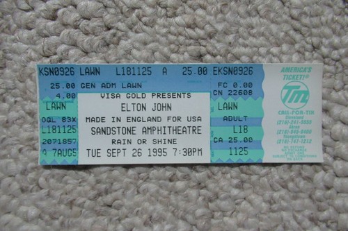 ELTON JOHN CONCERT TOUR 9/26/1995 FULL TICKET SANDSTONE AMPHITHEATRE KANSAS