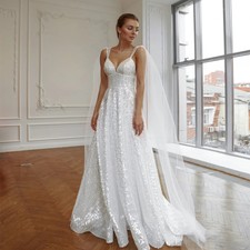 Glitter A-line Wedding Dresses Sequin V-neck Straps Backless Bridal Gowns Train