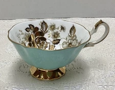 Vtg Queen Anne Turquoise Aqua Teacup with Gold Rose Trim Bone China