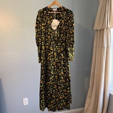 GANNI Paisley Wrap Maxi Dress EU 44 NWT Black Gold Viscose Satin Long Sleeve 14