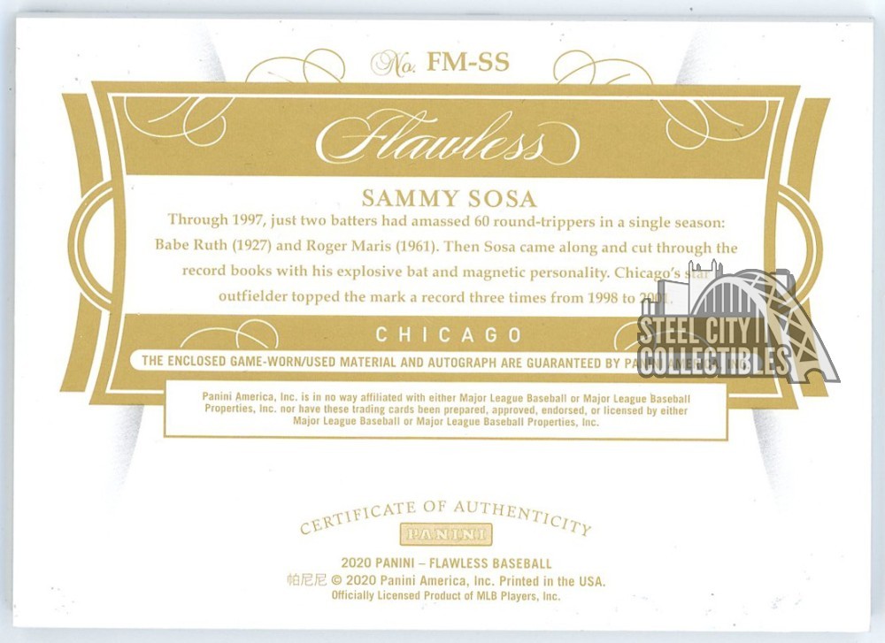 Sammy Sosa 2020 Panini Flawless Milestones Sapphire Patch Auto Card #FM-SS 06/15 view 2