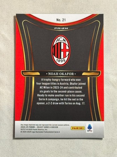 2024-25 Panini Select Serie A Unstoppable Noah Okafor #21 AC Milan - Picture 2 of 2