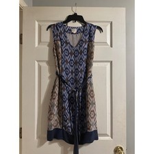Coquille Anthropologie Blue Ikat Geometric Belted Silk Sleeveless Dress Size 0