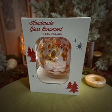 Zorza Christmas Blown Glass Ball 4" Ornament - Poland Gold, Amber, & Pearl