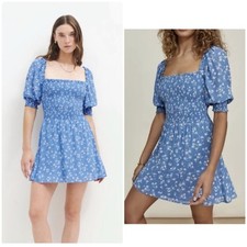 Reformation Elle Floral Puff Sleeves Smocked Bodice Square Neck Mini Dress Sz 0