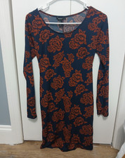 Forever 21 Navy/Orange Floral Scoop Neck Cut-Out Long Sleeve Bodycon Dress M