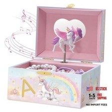 Unicorn Jewelry Box for Girls, Kids Initial Musical Jewelry Organizer with 1-A