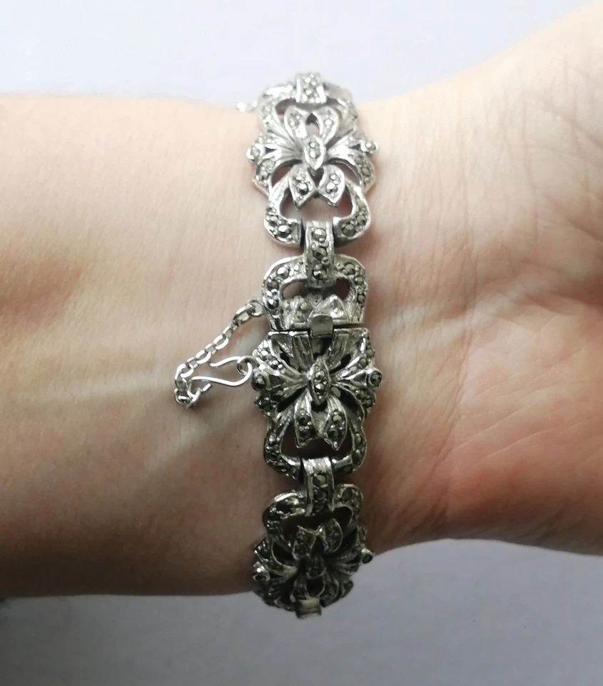 Art Deco MARCASITE Bracelet Vintage 30s 40s Panel Cocktail Silver Tone Retro - Image 4 of 4