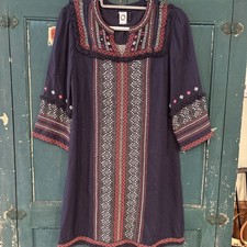 Anthropologie Akemi+Kin Dress Women's 4 Navy Blue Half Sleeve Tribal Embordered