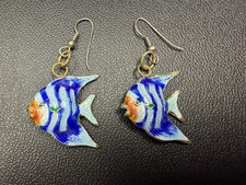 Vintage Cloisonn enamel angelfish earrings with blue and white stripes. Dangle