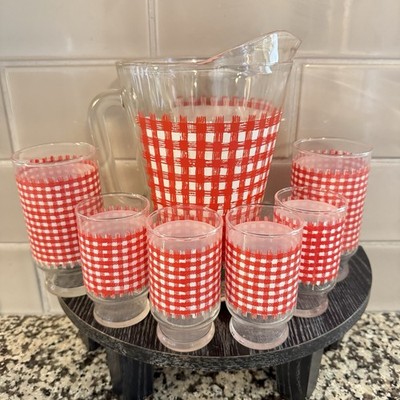 Vintage Red Gingham Glass Pitcher & 6 Glasses Set Retro Anchor