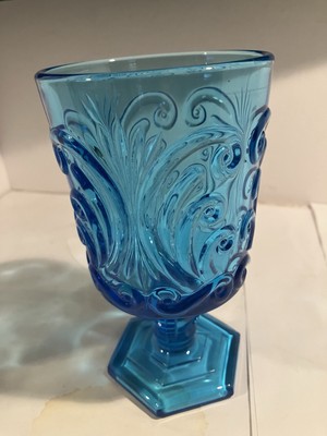 Antique Cerulean Blue Pressed Glass Wine Goblet 10oz Scroll by Imperial