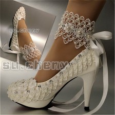 su.cheny Flats lace ribbon ankle pearls Wedding Bridal pump heels shoes size5-13