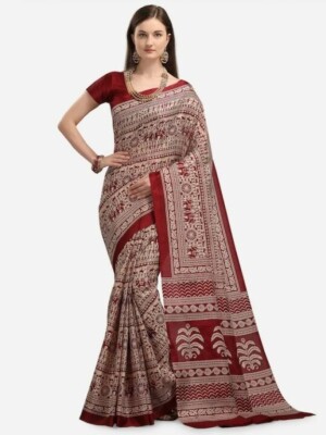 Women's Silk Cotton Kalamkari Print Saree With Blouse Piece