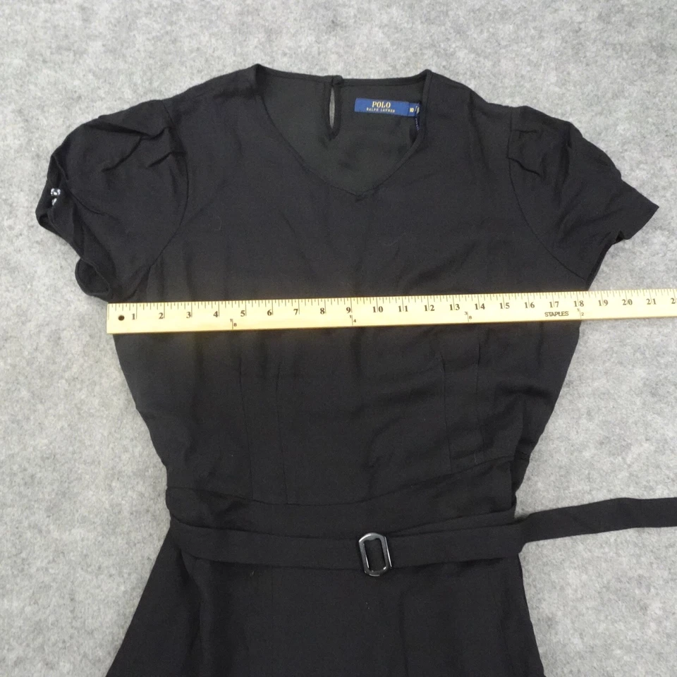 Vestido Polo Ralph Lauren Mujer 10 Negro Forrado Manga Corta Cinturón Azul Etiqueta A Foto 4 de 4