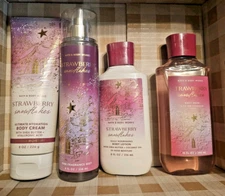 4pc Bath & Body Works STRAWBERRY SNOWFLAKES Body Cream / Lotion / Mist / Wash