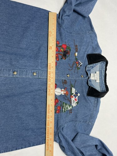 VTG Denim Winter Christmas Snowman Embroidered Button Up Shacket Shirt Sz XL 90s - Picture 12 of 17