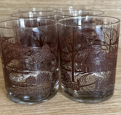 6 Textured Old Fashioned Bar Glasses American Homestead Barn Silo farm Low Ball