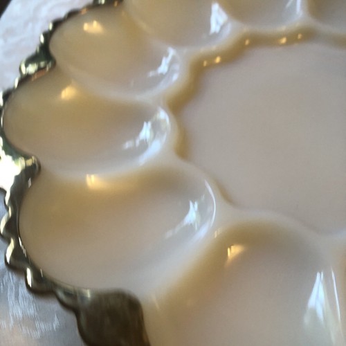 Vintage Anchor Hocking Milk Glass Deviled Egg Plate with Gold Trim Ornate Bottom - Picture 4 of 8