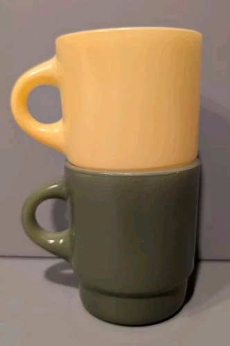 Lot of 2 Vintage Anchor Hocking FIRE KING Yellow Green Coffee Tea Mugs No Chips
