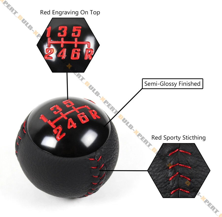 For Nissan Infiniti Red Stitching Leather 6 Speed Round Manual Gear Shifter Knob - Image 4 of 4