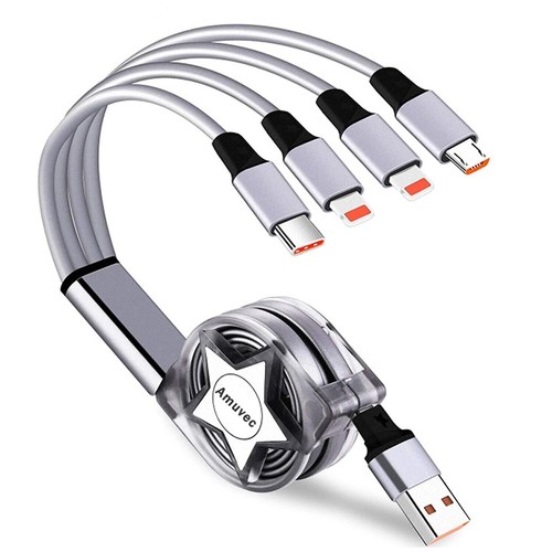 Multi 4 in 1 Charging Retractable Cable, 1M 3A Cord Type C USB Fast Charger