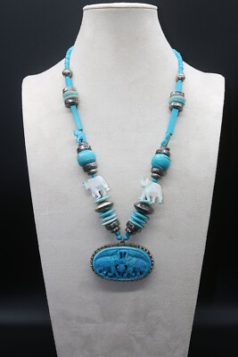 Teal Turquoise Costume Mixed Material Elephant Necklace Summer Island Beach Vibe