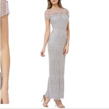 JS Collections Illusion Yoke Beaded Column Gown Dress Silver / Grey plus Formal