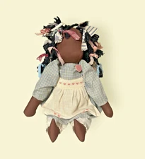 18" Rag Cloth Black Doll Country Braids Blue Plaid Dress White Apron Heart