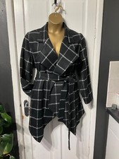Shein 2xl ( 20 ) Coat Black With White Grid Print Tie Belt Fastening +pockets