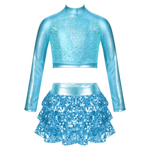 UK Kids Girls Glitter Sequin Dance Leotard Dresses Top with Skirt Set Dancewear - Picture 230 of 256