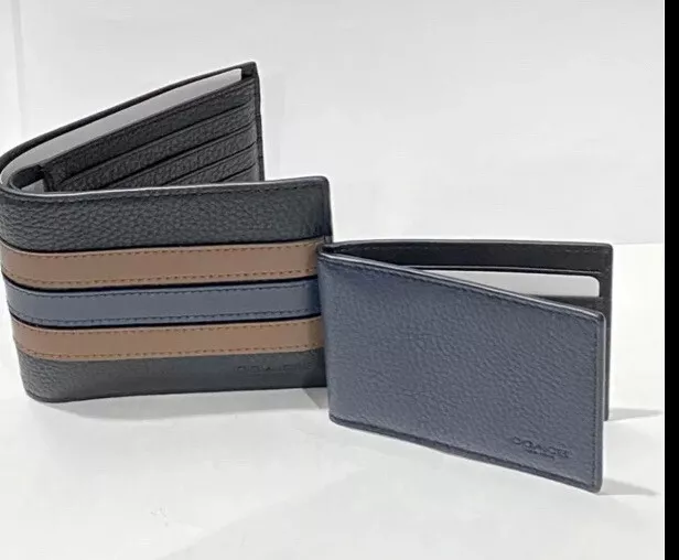 Coach Men's 3-In-1 Wallet In Refined Pebble Leather With Varsity Stripe  (Black Saddle - Midnight)