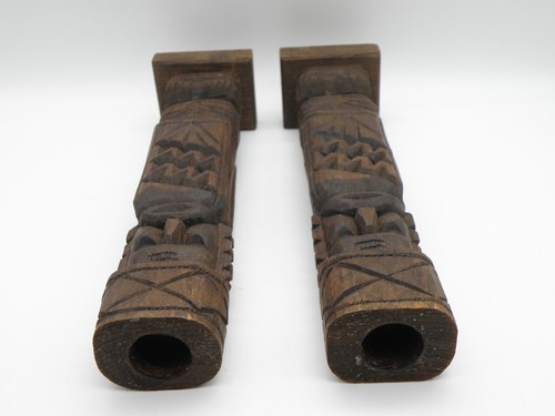 Vtg Pair Hand Carved Wooden Totem Tiki Candle Holders 12" Faces Geometric Shapes - Picture 6 of 11