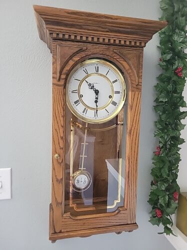 Howard Miller Triple Chime Wall Clock 612-575 Oak/Glass Case With Key - WORKS!