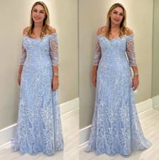 Plus Size Blue Lace Mother Of The Bride Dresses Off Shoulder Long Sleeves Gowns