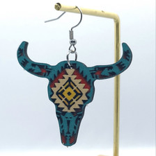 Longhorn Western Skull Wooden Dangle Drop Earrings Steer Cattle Cow Bull New