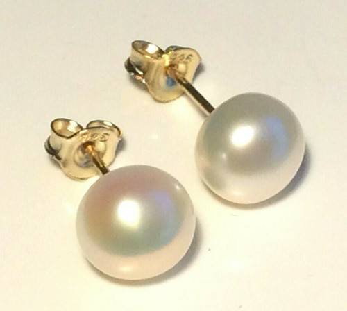 White Pearl Earrings Top Quality Pearls 8mm 18k Gold Plated Sterling Silver 925 - Picture 2 of 10