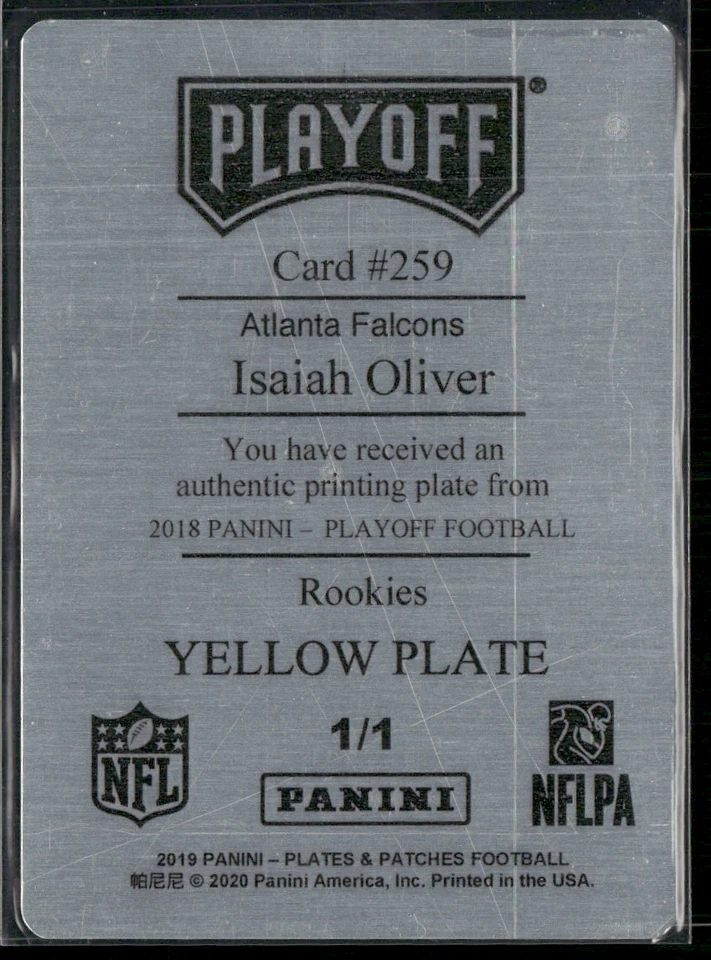 Isaiah Oliver 2018 Playoff RC Yellow Printing Plate 1/1 - Image 2 of 2