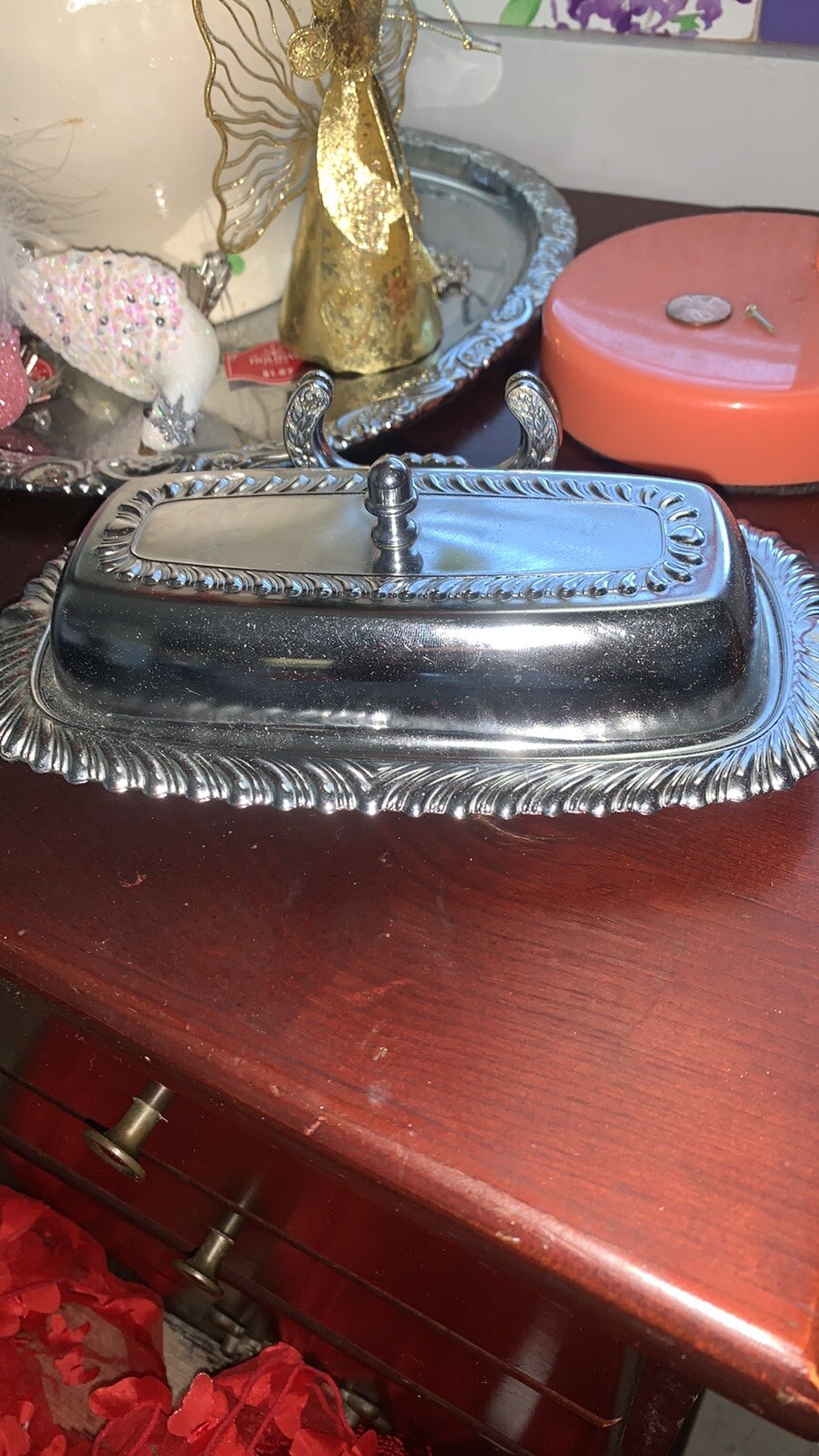 Vintage Irvinware Silver Color Butter Dish With Knife Holder Glass Insert