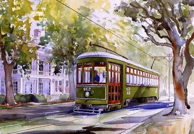 BELLA TERRA New Orleans Streetcar Garden District Landscape. James Mann Watercolor Notecards