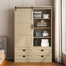 Closet Clothing Storage Cabinet W Hanging Rod Barn Door Drawers Open Shelves