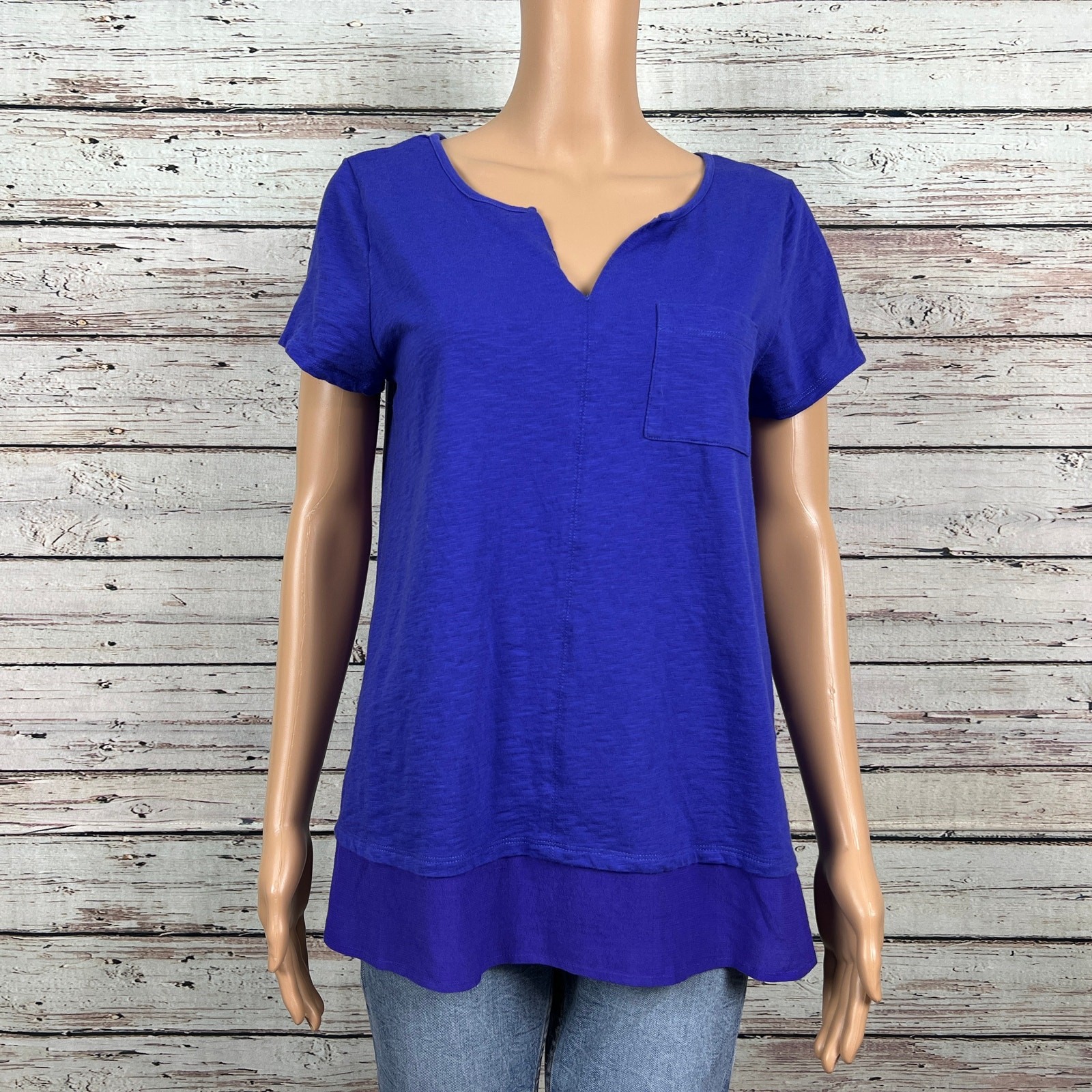 Soft Surroundings Blue Split V-neck Contrast Hem … - image 2