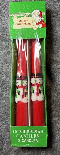 Vintage Christmas Snowman 10" Candles Holiday Red Taper  (2 Candles) Unused  - product listing photo
