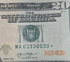 $20 Dollar Bill Star Note Fancy Serial Number MA03336030 Four Of A KIND 3s 