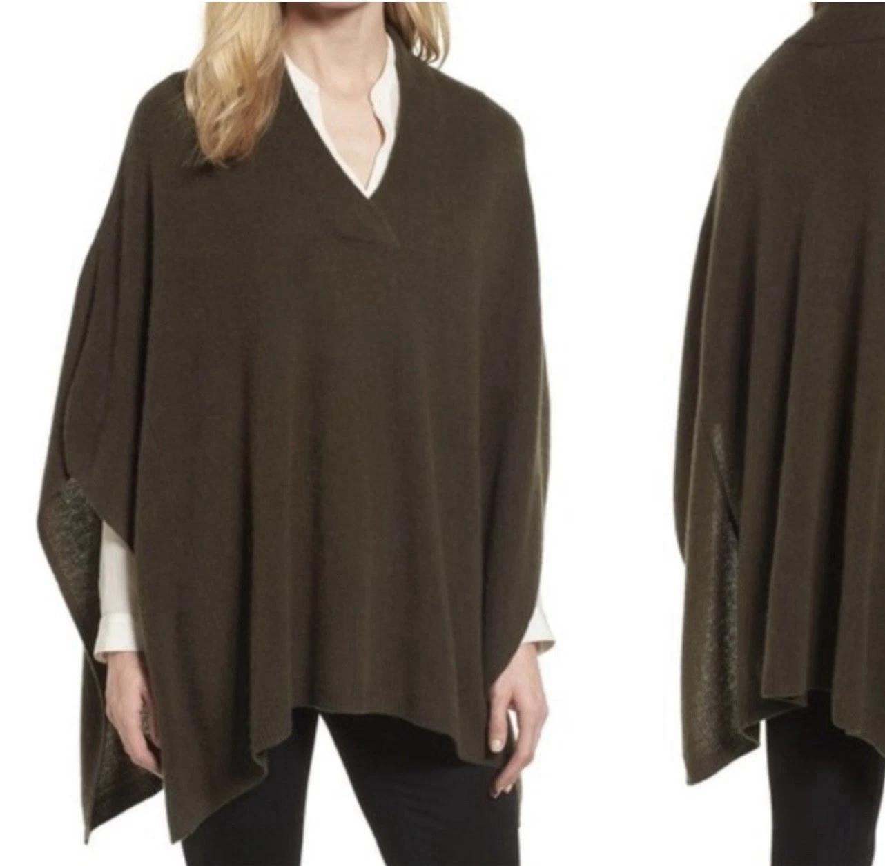 Halogen 100% Cashmere Dark Olive V-Neck Poncho Ruana Sweater One Size Lagenlook