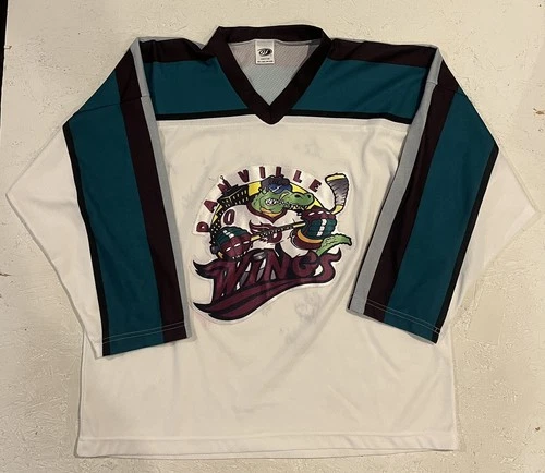 Vintage Danville Wings Hockey Jersey SIGNED White Green Shirt Athletic RARE
