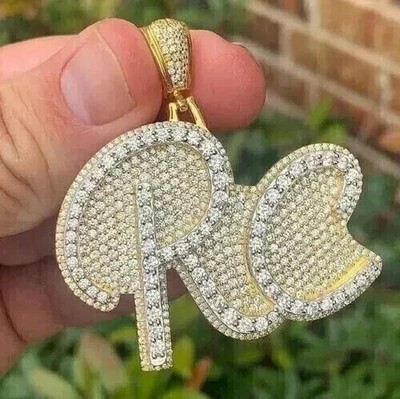 2.10Ct Round Cut Real Moissanite Customize Letter Pendant 14K Yellow Gold Plated