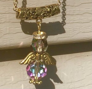 Authentic Angel Necklace Crystal Bead flashes color Glass w/Wings Gold Plated Rolo Chain